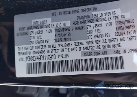 2024 Mazda Cx-90 Phev Premium z USA, uszkodzony, nr VIN JM3KKDHA9R1110910